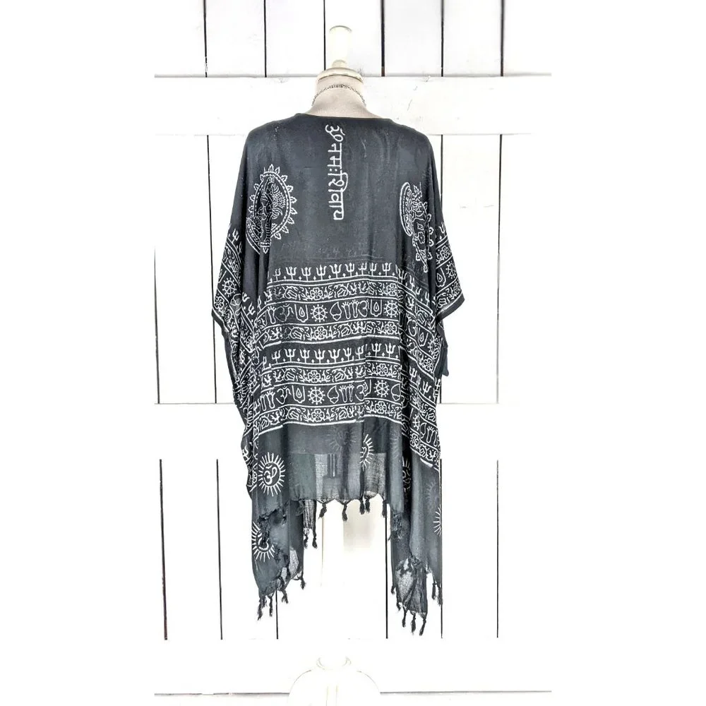 Black white om boho tassel cotton kimono cover up - Picture 4 of 4